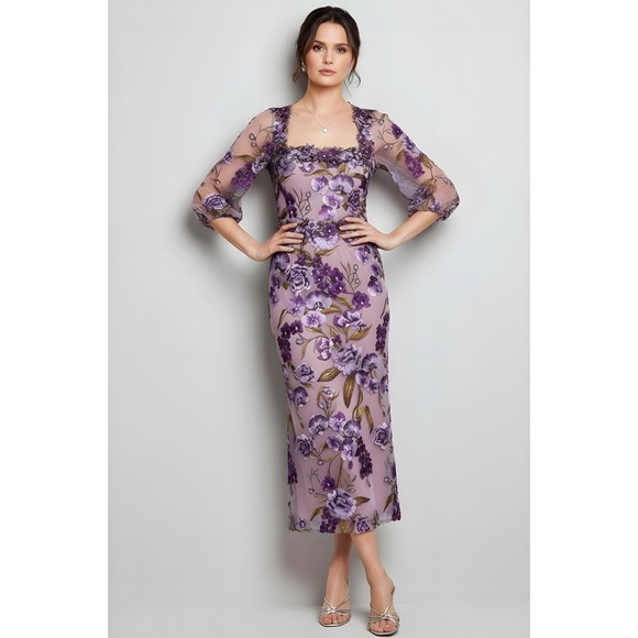 MARCHESA NOTTE Orchid & Rose Embroidered Tulle Cocktail Dress, Purple, 2  (US)